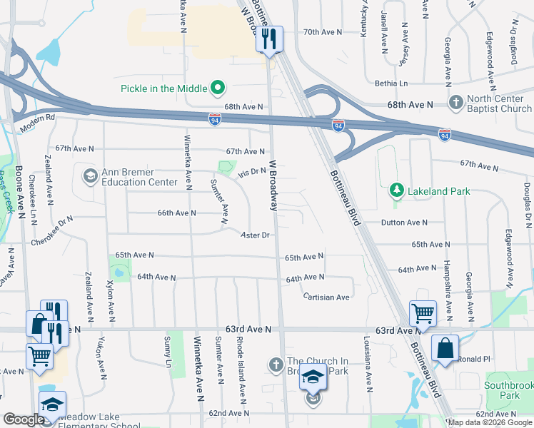 map of restaurants, bars, coffee shops, grocery stores, and more near 7508 Aster Drive in Minneapolis