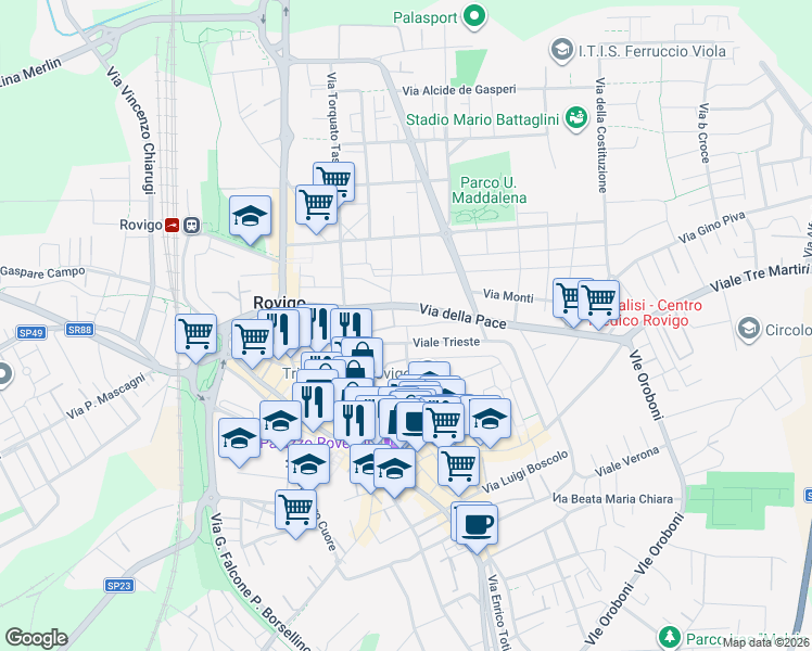 map of restaurants, bars, coffee shops, grocery stores, and more near 34 Viale Trieste in Rovigo