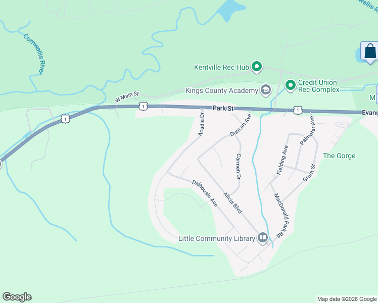 map of restaurants, bars, coffee shops, grocery stores, and more near 14 Acadia Drive in Kentville
