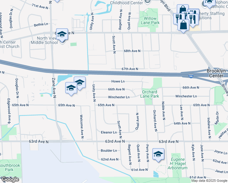 map of restaurants, bars, coffee shops, grocery stores, and more near 5125 Winchester Lane in Brooklyn Center