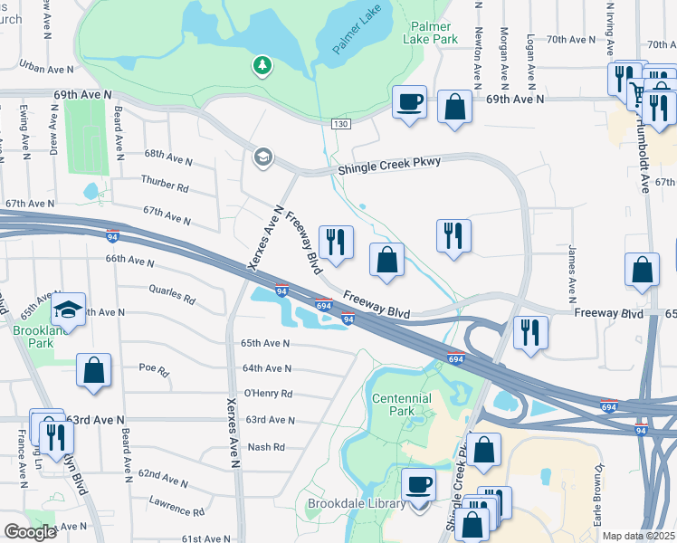 map of restaurants, bars, coffee shops, grocery stores, and more near 2590 Freeway Boulevard in Minneapolis