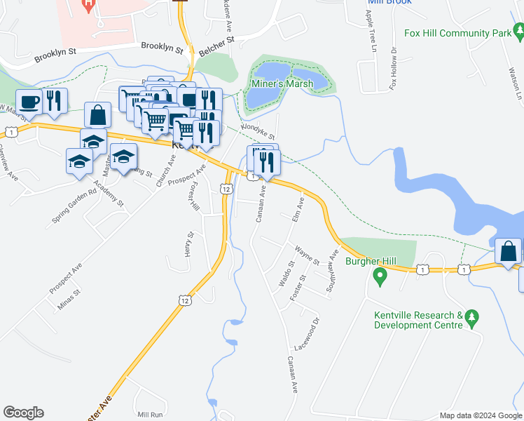 map of restaurants, bars, coffee shops, grocery stores, and more near 32 Canaan Avenue in Kentville