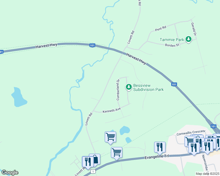 map of restaurants, bars, coffee shops, grocery stores, and more near 3066 Lovett Road in Coldbrook