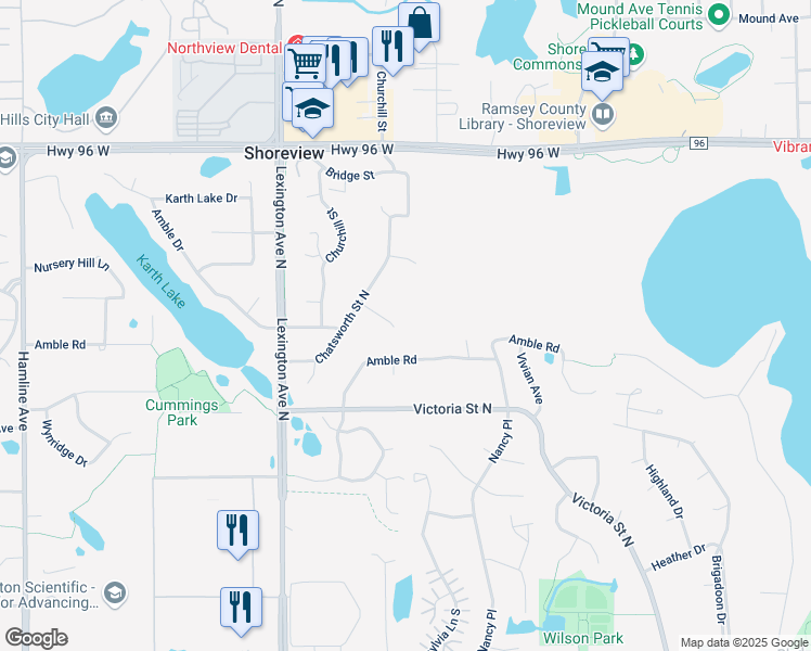 map of restaurants, bars, coffee shops, grocery stores, and more near 989 Chatsworth Place in Shoreview