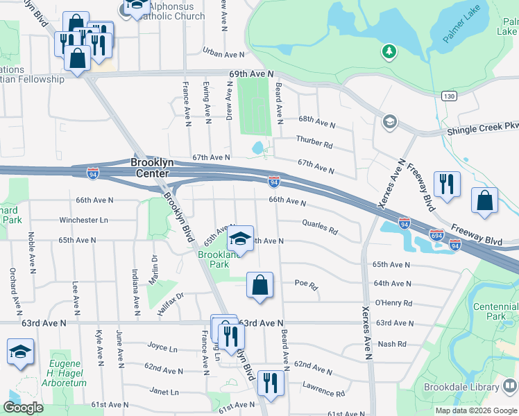 map of restaurants, bars, coffee shops, grocery stores, and more near 6607 Beard Avenue North in Minneapolis