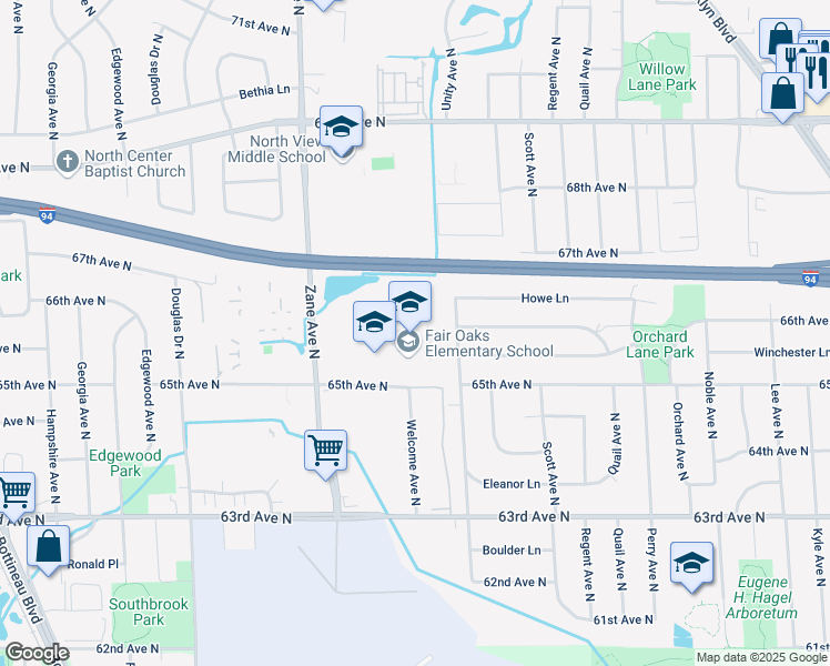 map of restaurants, bars, coffee shops, grocery stores, and more near 6613 Unity Avenue North in Minneapolis
