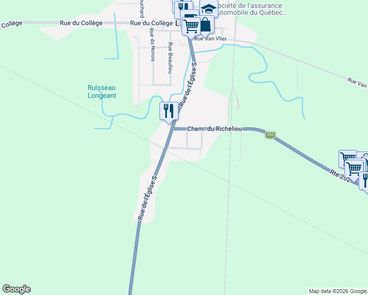 map of restaurants, bars, coffee shops, grocery stores, and more near 7 Rue Boucher in Montérégie