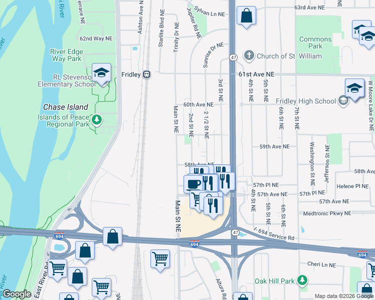 map of restaurants, bars, coffee shops, grocery stores, and more near 5875 2nd Street Northeast in Fridley