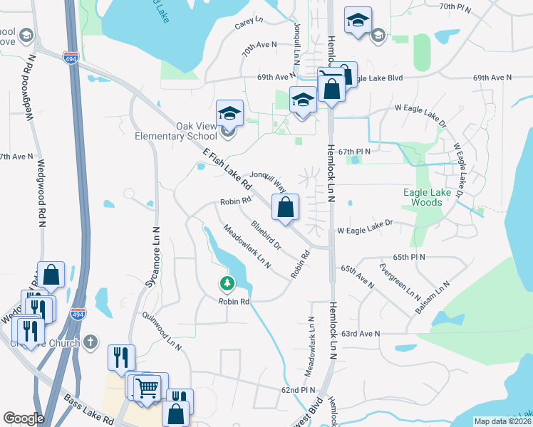 map of restaurants, bars, coffee shops, grocery stores, and more near 6610 East Fish Lake Road in Maple Grove