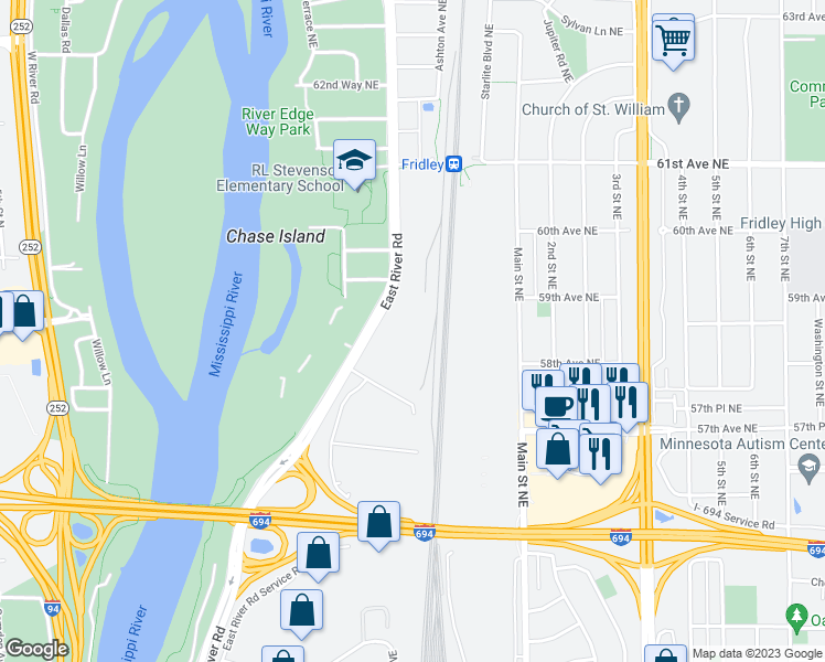 map of restaurants, bars, coffee shops, grocery stores, and more near 5851 East River Road in Fridley