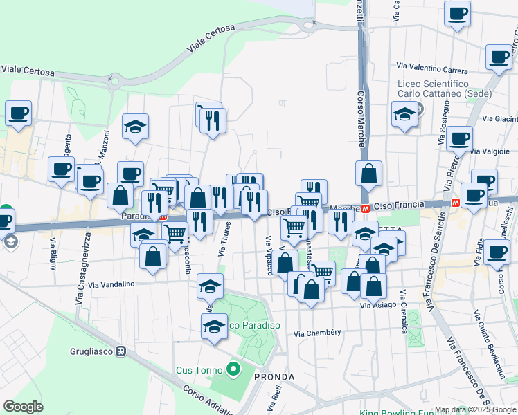 map of restaurants, bars, coffee shops, grocery stores, and more near Via Luigi Pasteur in Torino