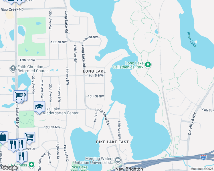 map of restaurants, bars, coffee shops, grocery stores, and more near 1563 14th Avenue Northwest in New Brighton