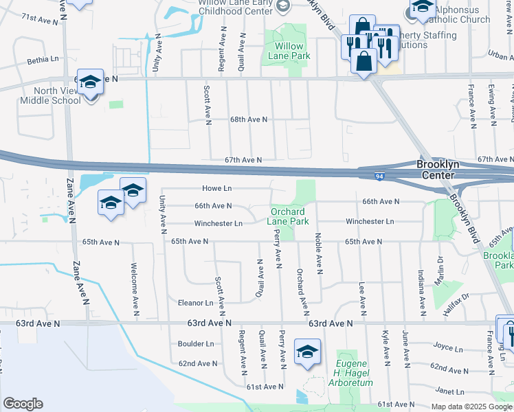 map of restaurants, bars, coffee shops, grocery stores, and more near 4901 Howe Lane in Brooklyn Center