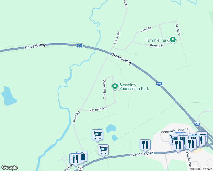map of restaurants, bars, coffee shops, grocery stores, and more near 1718 Cumberland Drive in Coldbrook