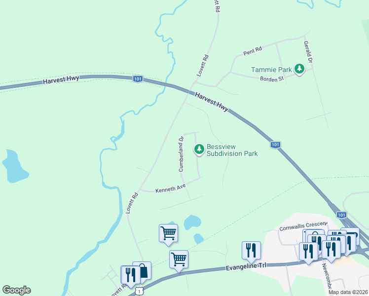 map of restaurants, bars, coffee shops, grocery stores, and more near 1718 Cumberland Drive in Coldbrook