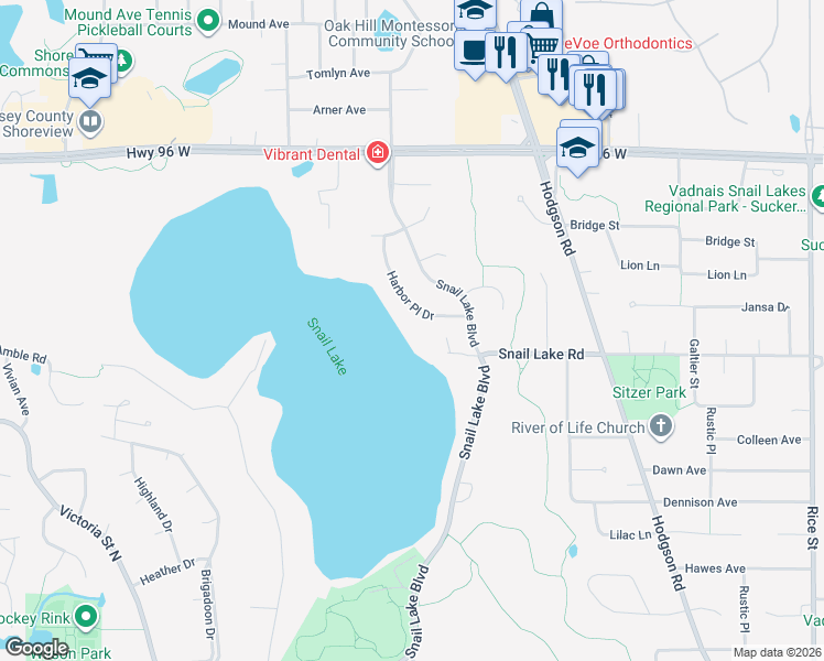 map of restaurants, bars, coffee shops, grocery stores, and more near 4434 Harbor Place Drive in Shoreview