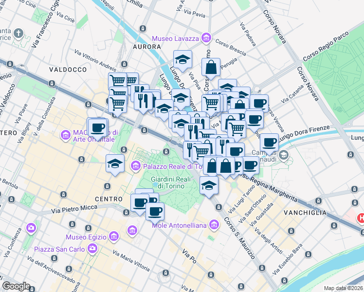 map of restaurants, bars, coffee shops, grocery stores, and more near 4 Corso Regio Parco in Torino