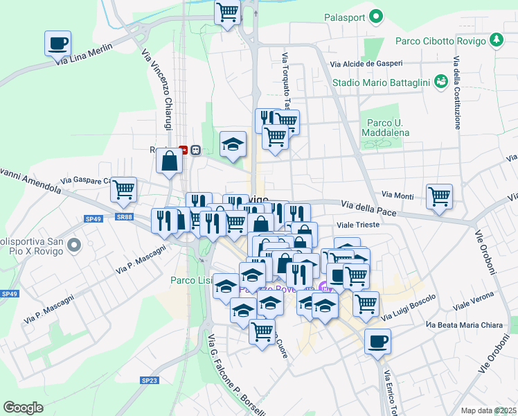map of restaurants, bars, coffee shops, grocery stores, and more near 29 Viale Regina Margherita in Rovigo