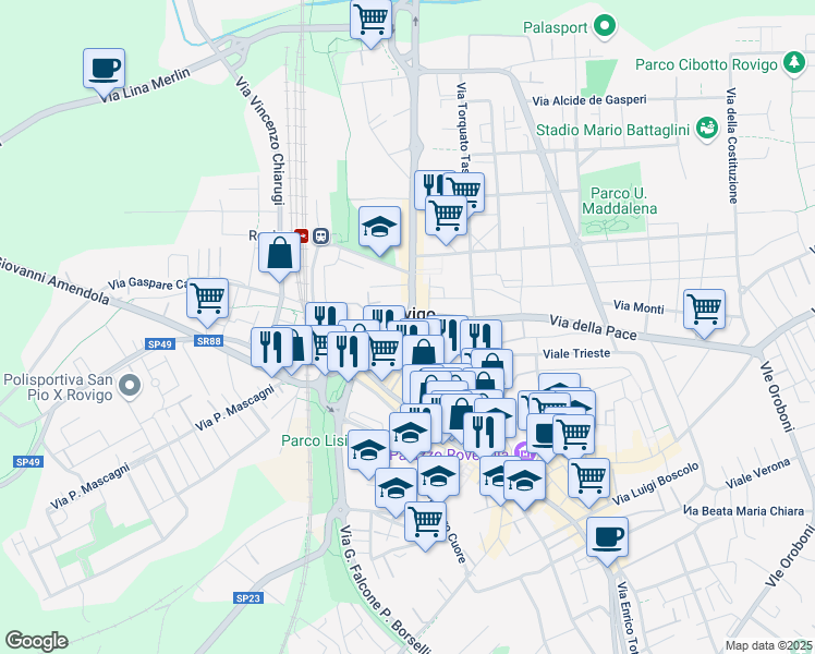 map of restaurants, bars, coffee shops, grocery stores, and more near 29 Viale Regina Margherita in Rovigo