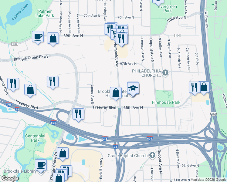 map of restaurants, bars, coffee shops, grocery stores, and more near 6521 North Humboldt Avenue in Brooklyn Center