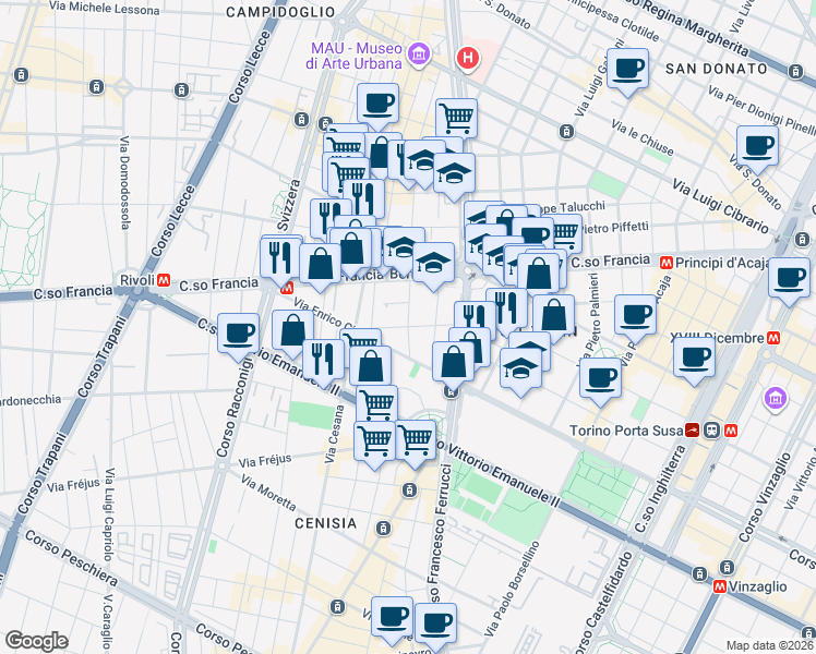 map of restaurants, bars, coffee shops, grocery stores, and more near 7-11 Via Trana in Turin