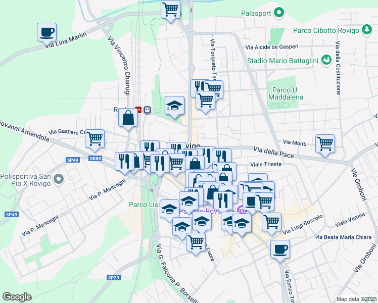 map of restaurants, bars, coffee shops, grocery stores, and more near 29 Viale Regina Margherita in Rovigo