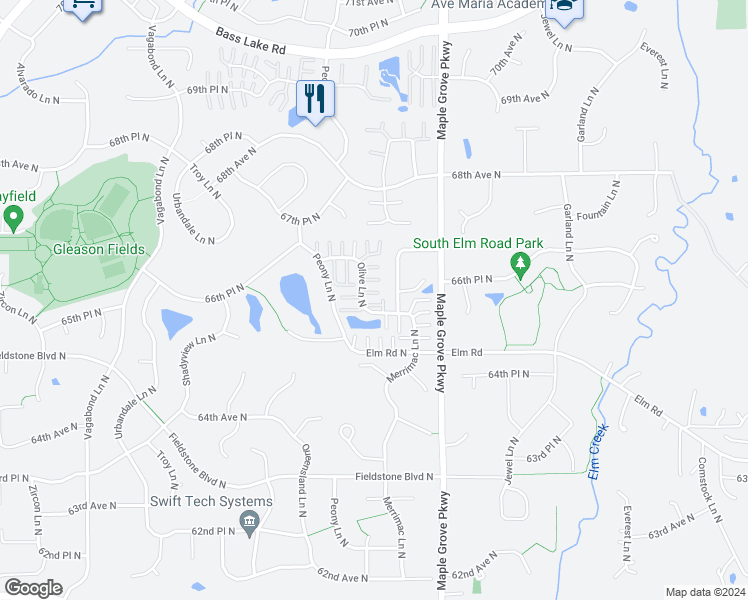 map of restaurants, bars, coffee shops, grocery stores, and more near 6572 Olive Lane North in Maple Grove