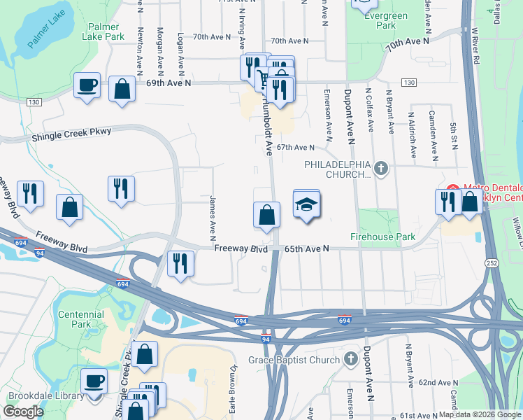 map of restaurants, bars, coffee shops, grocery stores, and more near 6521 North Humboldt Avenue in Brooklyn Center