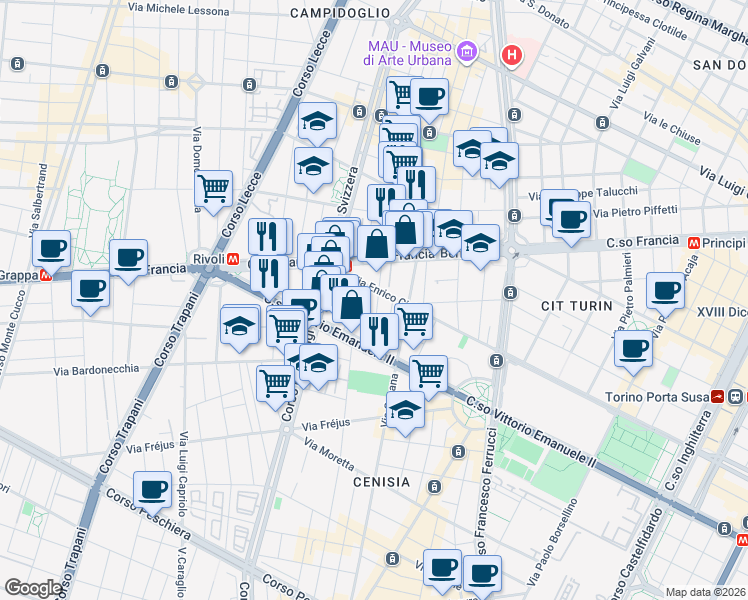 map of restaurants, bars, coffee shops, grocery stores, and more near 216 Corso Vittorio Emanuele II in Torino