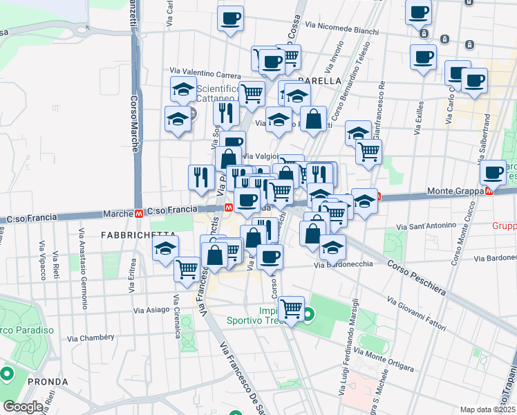 map of restaurants, bars, coffee shops, grocery stores, and more near 312 Corso Francia in Torino