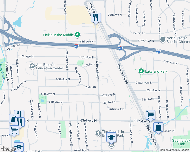 map of restaurants, bars, coffee shops, grocery stores, and more near 6617 West Broadway Avenue in Minneapolis