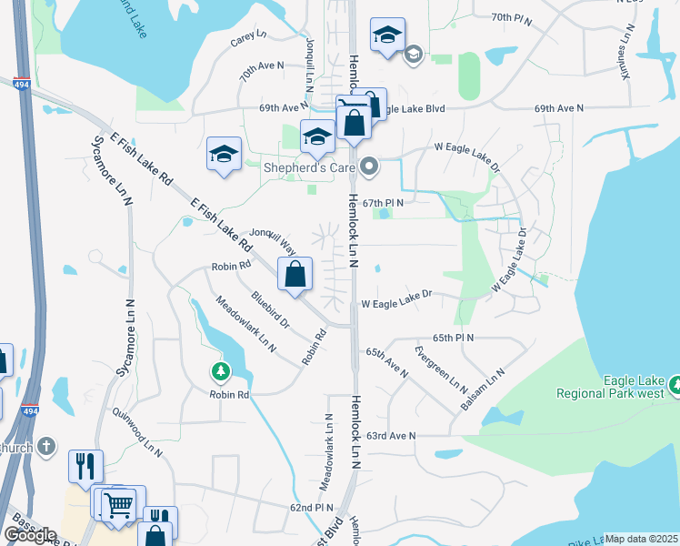 map of restaurants, bars, coffee shops, grocery stores, and more near 6612 Ives Lane North in Maple Grove