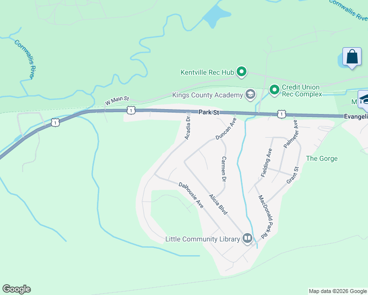 map of restaurants, bars, coffee shops, grocery stores, and more near 8 Acadia Drive in Kentville