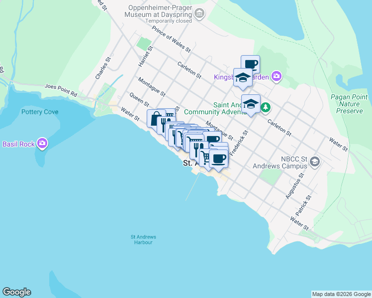 map of restaurants, bars, coffee shops, grocery stores, and more near 152 Water Street in Saint Andrews