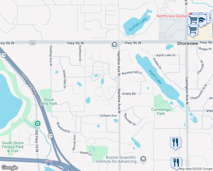 map of restaurants, bars, coffee shops, grocery stores, and more near 4389 Arden View Drive in Arden Hills