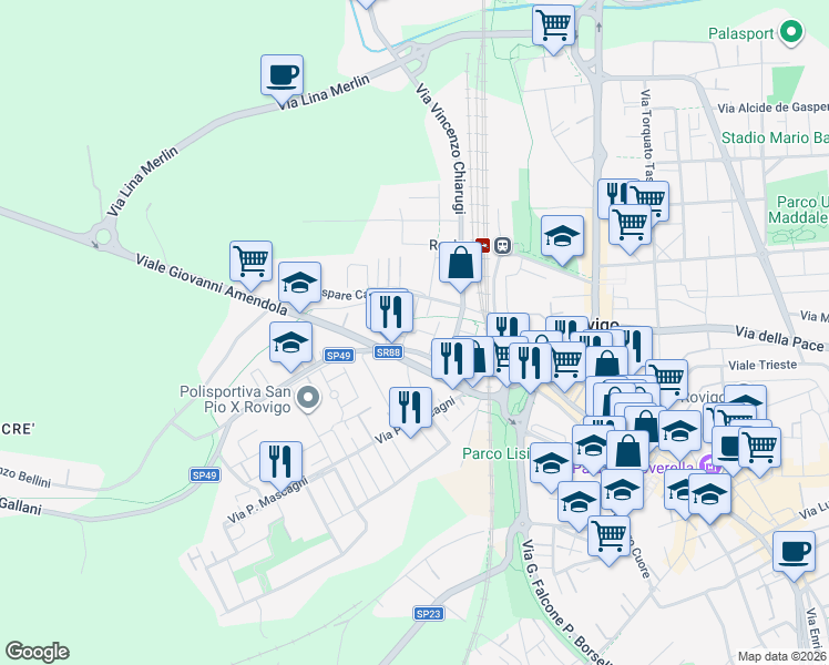 map of restaurants, bars, coffee shops, grocery stores, and more near 47 Via Gaspare Campo in Rovigo