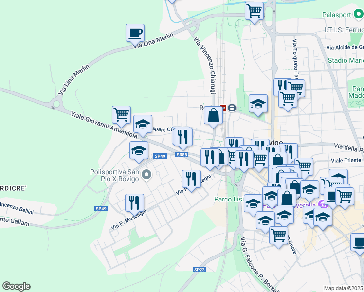 map of restaurants, bars, coffee shops, grocery stores, and more near 4 Via Luigi Galvani in Rovigo