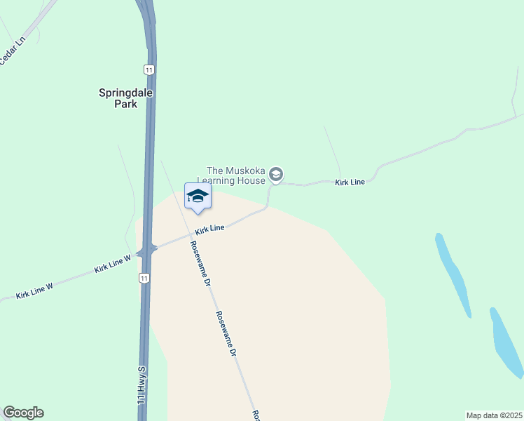 map of restaurants, bars, coffee shops, grocery stores, and more near 1192 Kirk Line East in Bracebridge