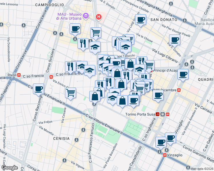 map of restaurants, bars, coffee shops, grocery stores, and more near 54 Via Susa in Turin