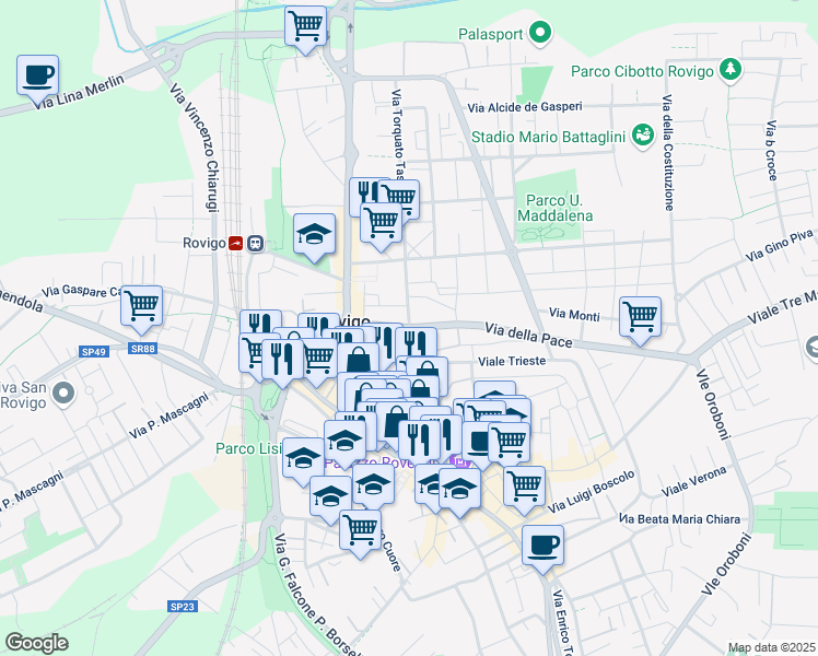 map of restaurants, bars, coffee shops, grocery stores, and more near 3 Viale della Pace in Rovigo