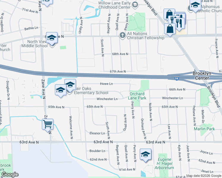 map of restaurants, bars, coffee shops, grocery stores, and more near 5125 Howe Lane in Brooklyn Center