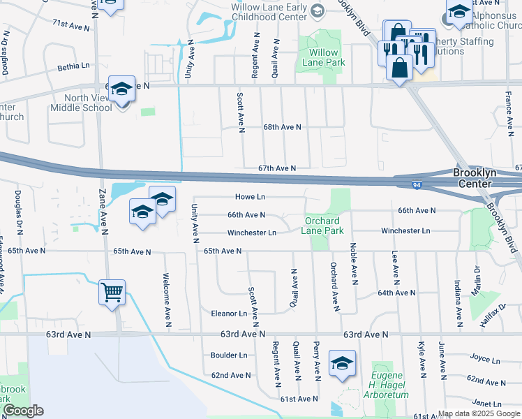 map of restaurants, bars, coffee shops, grocery stores, and more near 5125 Howe Lane in Brooklyn Center
