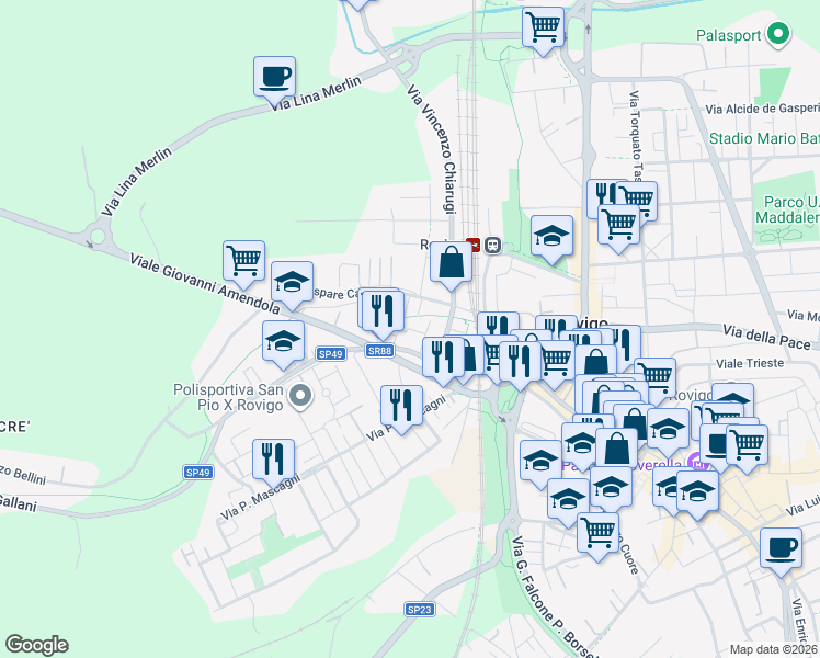 map of restaurants, bars, coffee shops, grocery stores, and more near 47 Via Gaspare Campo in Rovigo