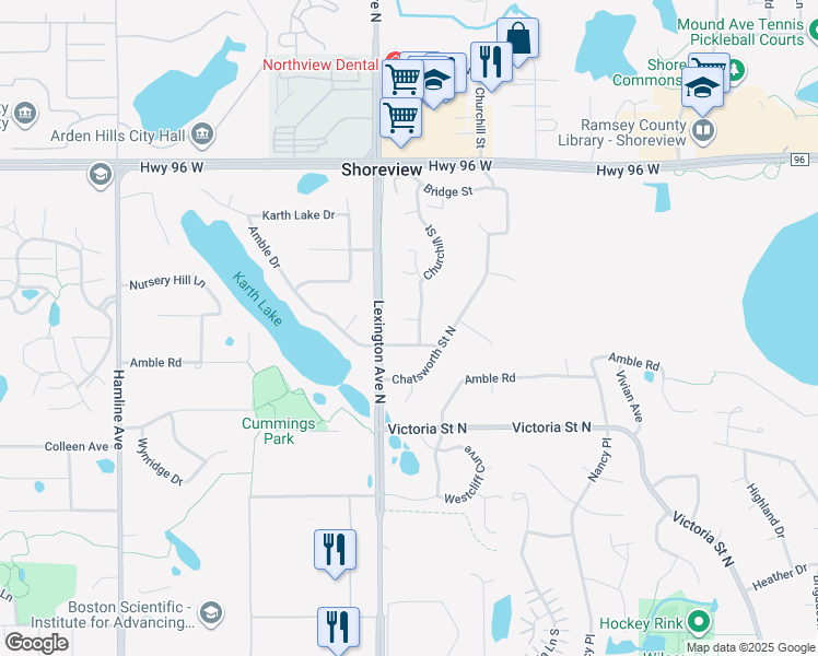 map of restaurants, bars, coffee shops, grocery stores, and more near 4410 Churchill Street in Shoreview