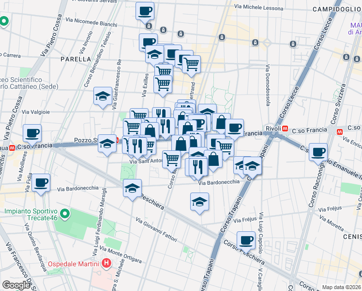 map of restaurants, bars, coffee shops, grocery stores, and more near 8 Corso Monte Cucco in Turin