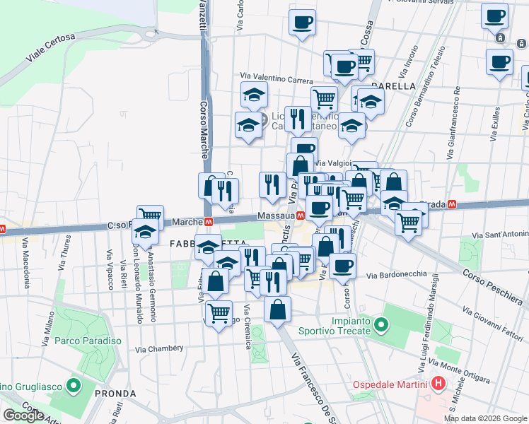 map of restaurants, bars, coffee shops, grocery stores, and more near 18 Piazza Massaua in Torino