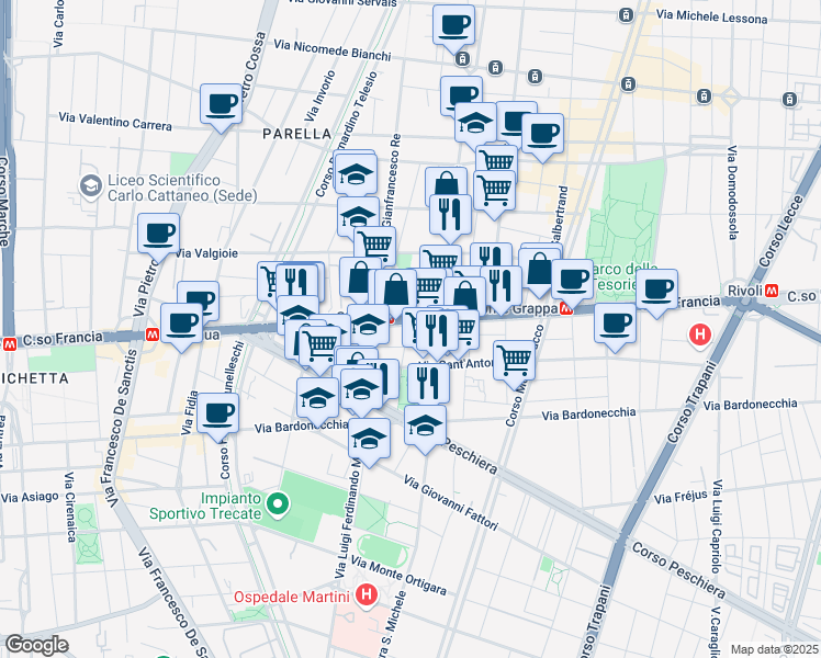 map of restaurants, bars, coffee shops, grocery stores, and more near 253 Corso Francia in Torino
