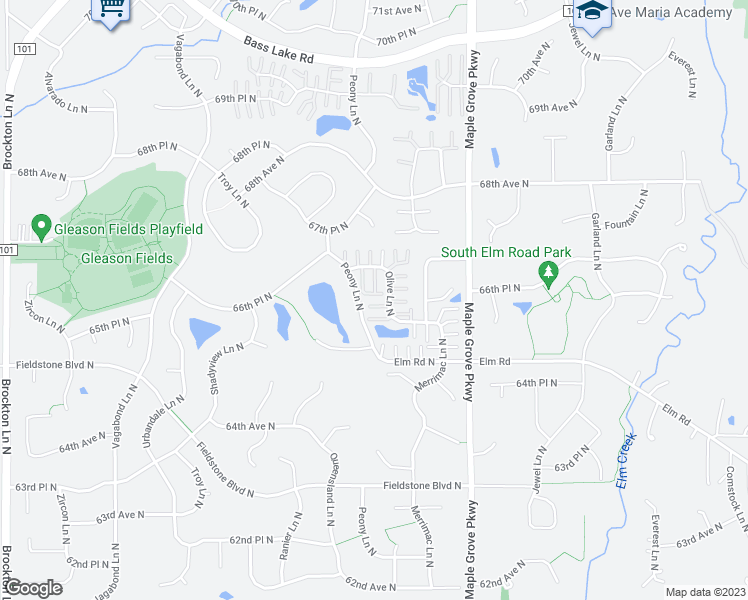 map of restaurants, bars, coffee shops, grocery stores, and more near 6575 Olive Lane North in Maple Grove