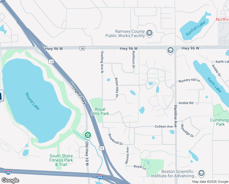 map of restaurants, bars, coffee shops, grocery stores, and more near 4429 Royal Hills Drive in Arden Hills