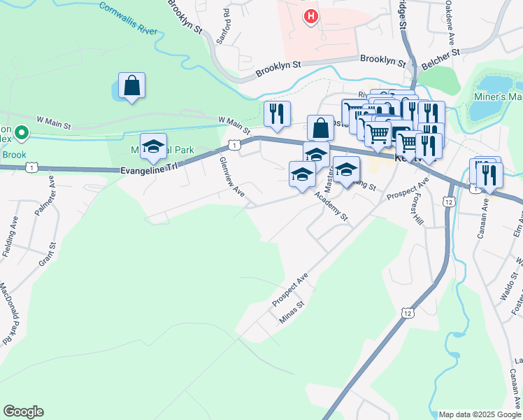 map of restaurants, bars, coffee shops, grocery stores, and more near 112 School Street in Kentville